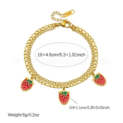 304ステンレススチール製エナメル加工の赤いイチゴのチャームが付いた、女性用2連ブレスレット  ゴールドカラー  6.30インチ（16cm）&nbsp;WG018B1-01