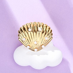 女性用ステンレススチール調節可能カフリング  模造パールと  シェル形状  ゴールドカラー  25x30mm  内径：19mm&nbsp;RJEW-B126-01G