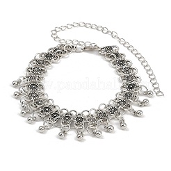 女性用ボヘミアンフラワータッセル合金アンクレット  アンティークシルバー＆プラチナ  8-1/2インチ（215mm）&nbsp;LS-AJEW-B107-02
