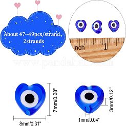 2連売り手作りのイーブルアイランプワークビーズ連売り  ハート  ブルー  6~7x8x3mm  穴：1mm  約47~49個/連  13.19~13.98インチ（33.5~35.5cm）&nbsp;LAMP-FH0001-08B