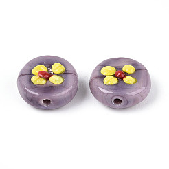 手作りランプワークビーズ  花付きフラットラウンド  紫色のメディア  16~16.5x7~9mm  穴：1.2~1.8mm&nbsp;LAMP-ZX003-10-08