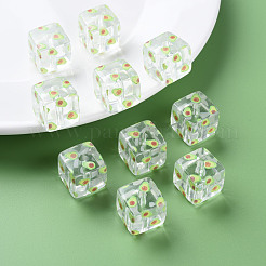 透明印刷アクリルビーズ  フルーツ模様の四角  アボカド模様  16x16x16mm  穴：3mm&nbsp;MACR-S374-08A-05