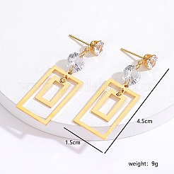 女性用キュービックジルコニア付きステンレススチールダングルスタッドピアス  中空の矩形  ゴールドカラー  45x15mm&nbsp;US6839