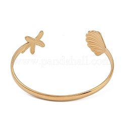 女性用304ステンレススチールカフバングル  ヒトデと貝殻の形  18KGP本金メッキ  内径：2-1/2インチ（6.2cm）&nbsp;BJEW-A024-01G