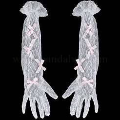 リボン結びのポリエステル製ロングレース手袋  結婚式の花嫁用品用  ピンク  400x110x3.5mm&nbsp;AJEW-WH20007-92A