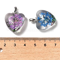 クリアガラスペンダント  天然ドライフラワー入り  ハート  ミックスカラー  27x20x10.5mm  穴：4.5x2.5mm&nbsp;GLAA-M048-01A