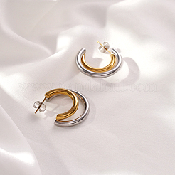 女性用304ステンレススチールスタッドピアス  ハーフフープピアス  本金メッキ&ステンレススチールカラー  24x21mm&nbsp;DQ1821