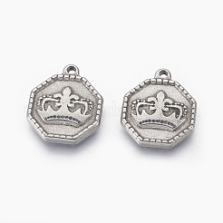 変色しない304ステンレススチールペンダント  クラウンと八角形  ステンレス鋼色  18x15x3mm  穴：1.4mm&nbsp;STAS-E444-14
