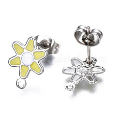 304ステンレススチールエナメルスタッドピアス金具  ピアスキャッチとカン付き  花  きいろ  12.5x9mm  穴：1mm  ピン：0.8mm&nbsp;STAS-T052-43P-06