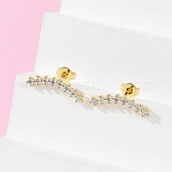 クリアキュービックジルコニアカーブバースタッドピアス  女性のための真鍮のアクセサリー  カドミウムフリー＆鉛フリー  18KGP本金メッキ  4.5x17.5mm  ピン：0.8mm&nbsp;EJEW-C023-07G