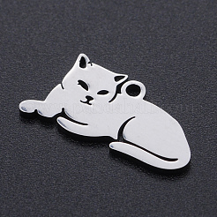 変色しない304ステンレススチールの子猫ペンダント  猫の形を横になって  ステンレス鋼色  9.5x19x1mm  穴：1.2mm&nbsp;STAS-N090-JN857-1