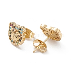 キュービックジルコニアベアスタッドピアス  女性のための18KGP本金メッキ真鍮ジュエリー  ミックスカラー  9.5x10mm  ピン：0.8mm&nbsp;EJEW-C059-03G