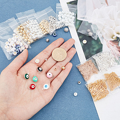 DIYチェーンブレスレットネックレス作りキット  真鍮と鉄のチェーンを含む  ナザールボンジュウ アクリル＆レジン＆ガラスパール＆丸型真鍮ビーズ  合金 & ハート ブラス チャーム  ミックスカラー  チェーン：4m /箱&nbsp;DIY-AR0002-69