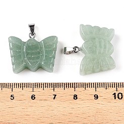 天然グリーンアベンチュリン彫刻蝶ペンダント  プラチナメッキの金属製スナップオンベイル付き昆虫チャーム  19~20x24~25.5x6.5~7mm  クラスプ：6.5x3x3.5~4mm&nbsp;G-N342-01E