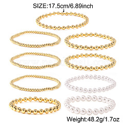 真鍮とプラスチックの模造真珠ラウンドビーズストレッチブレスレット（女性用）9個  ゴールドカラー  6.89インチ（17.5cm）&nbsp;QZ7460-1