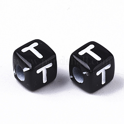 不透明なアクリルビーズ  水平穴  アルファベットスタイル  キューブ  ブラック＆ホワイト  文字.t  5x5x5mm  穴：2mm  約5000個/500g&nbsp;SACR-N002-01T