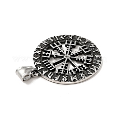 304ステンレススチール製手磨きペンダント  vegvisirチャーム付きフラットラウンド  アンティークシルバー  40x36x2.5mm  穴：4x7.5mm&nbsp;STAS-G280-10AS
