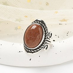 合成ゴールドストーンの調節可能なリング  鉛フリー＆カドミウムフリー  女性用アンティークシルバーメッキ真鍮指輪  オーバル  27mm  内径：17mm&nbsp;RJEW-I108-01AS-07
