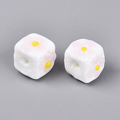手作りのでこぼこランプワークビーズ  花模様の立方体  ホワイト  12~13x14~16x14~16mm  穴：1~1.6mm&nbsp;LAMP-Q039-14A