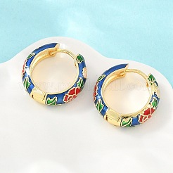 真鍮エナメルフープピアス  花柄  鉛フリー＆カドミウムフリー  ラックめっき  長持ちメッキ  18KGP本金メッキ  ミディアムブルー  20x6mm&nbsp;KK-CBA8324-13G-02