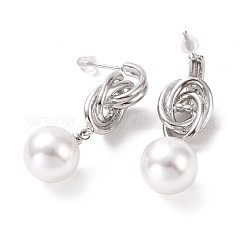 プラスチックパール付きノットダングルスタッドピアス  女性のための真鍮のアクセサリー  カドミウムフリー＆鉛フリー  プラチナ  39.5mm  ピン：0.9mm&nbsp;EJEW-A072-08P