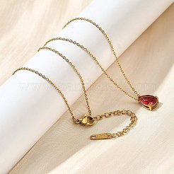 304ステンレスネックレス  キュービックジルコニアティアドロップチャーム付き  18KGP本金メッキ  クリムゾン  長さ16.22インチ(41.2cm)+64mmエクステンダー&nbsp;NJEW-R022-01G-07