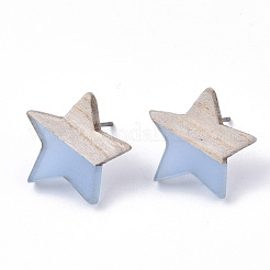 透明樹脂＆ウッドスタッドピアス  304ステンレスピン付き  スター  ライトスチールブルー  17x18mm  ピン：0.7mm&nbsp;EJEW-N017-001A-D01