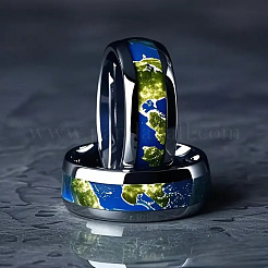 201ステンレス鋼エポキシ樹脂製世界地図模様の指輪  銀  藤紫色  usサイズ9（18.9mm）&nbsp;WG0539F-01