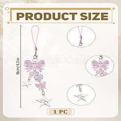 合金製携帯ストラップ1個  アクリルパーツと  蝶結び  ピンク  159mm&nbsp;HJEW-LP0001-40