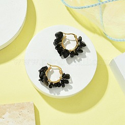 天然黒曜石チップ編み込みフープピアス  女性用304ステンレススチールワイヤーラップジュエリー  25~27x28~33x7~9mm  ピン：0.6mm&nbsp;EJEW-JE04940-08