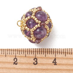 天然アメジストとガラスシードビーズのクラスターペンダント  丸いボールのチャーム  ゴールドカラー  19x19mm  穴：2.2mm&nbsp;PALLOY-MZ01334-03