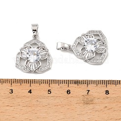 真鍮と透明キュービックジルコニアのペンダント  花のチャーム  プラチナメッキ  22.5x19.5x5.5mm  穴：6.5x4mm&nbsp;KK-G558-07P