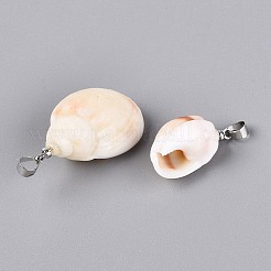 真鍮と天然の螺旋状の貝殻のペンダント  巻貝チャーム  パパイヤホイップ  プラチナ  16~33x9~22x8~19mm  穴：4~5x3.5mm&nbsp;SHEL-Q029-13P