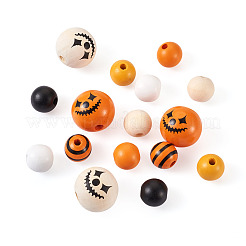 ハロウィンテーマのペイントされた天然木ビーズ140個  ラウンド＆ストライプ柄  ミックスカラー  16mm  穴：4mm&nbsp;WOOD-CD0001-19