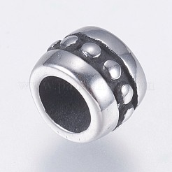 304ステンレススチールヨーロピアンビーズ  大きな穴のうねりのあるビーズ  コラム  アンティークシルバー  7x5.5mm  穴：4mm&nbsp;STAS-I069-01AS