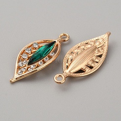 Kc金メッキ合金ペンダント  アクリルとクリスタルのラインストーン  リーフチャーム  濃い緑  31x13x4mm  穴：2mm&nbsp;FIND-TAC0025-01KCG-03