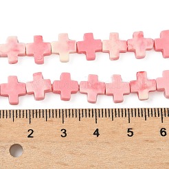 合成サンゴ染めビーズ連売り  クロス  ピンク  8x8x3mm  穴：1mm  約42個/連  12.99''（33センチメートル）&nbsp;SHEL-F009-01