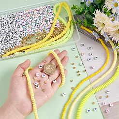 DIY レタービーズジュエリー作りキット  ポリマークレイへーし＆プラ丸＆アクリルキューブ＆平丸ビーズ含む  きいろ  1537~1702個/箱&nbsp;DIY-PH0010-57