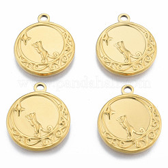 イオンプレーティング（IP）201ステンレスペンダント  猫とフラットラウンド  18KGP本金メッキ  24x20.5x2mm  穴：2mm&nbsp;STAS-N098-188LG