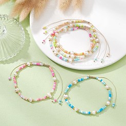 天然パール&ガラスシード編み込みビーズブレスレット  調節可能なナイロンブレスレット  ミックスカラー  内径：1-7/8~3-1/8インチ（4.7~8cm）&nbsp;BJEW-JB09531