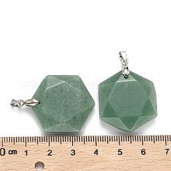 天然石グリーンアベンチュリンペンダント  プラチナトーンの真鍮パーツ  多面カット  六角  28x25x9mm  穴：4x5mm&nbsp;G-E487-95E