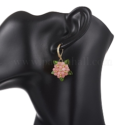 バレンタインデーの花、天然マレーシア翡翠とガラスシードビーズのフレンチフックピアス  アクリルと  ゴールドカラー  ピンク  35~37x23mm&nbsp;EJEW-MZ00700-01