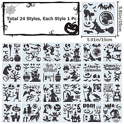 24 個 24 スタイルペットプラスチック中空アウト描画絵画ステンシルテンプレート  正方形  ハロウィーン模様  150x149.5x0.3mm  1個/スタイル&nbsp;DIY-WH0409-27