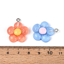 透明樹脂ペンダント  花のチャーム  プラチナメッキの鉄製ループとグリッターパウダー付き  ミックスカラー  24~25x21~22x6~6.5mm  穴：2mm&nbsp;RESI-N050-23P