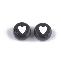 不透明なアクリルビーズ  ハート付きフラットラウンド  ブラック  7x3.5mm  穴：1.2mm  約3700個/500g&nbsp;MACR-S273-18