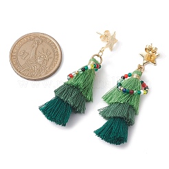 201ステンレススチールスタッドピアス  ガラスビーズとポリコットンのタッセル付き  クリスマスツリー  グリーン  ゴールドカラー  55x25mm&nbsp;EJEW-TA00545