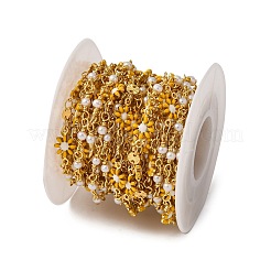 真鍮エナメルリンクチェーン  花  アブソリュートプラスチック模造パール  ハンダ付け  スプールで  18KGP本金メッキ  12x3mm&nbsp;KK-D422-05G
