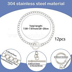 304ステンレススチールツイストカーブチェーンブレスレット12個  304ステンレススチールトグル留め具付き  ステンレス鋼色  7-1/8~7-7/8インチ（18~20cm）&nbsp;BJEW-SC0001-61P