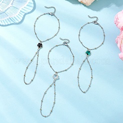 304ステンレススチールアズキチェーンブレスレットセット3個  女性用合金ガラスフラワージュエリー  プラチナ·ゴールデン  7-3/8インチ（18.8cm）&nbsp;BJEW-JB12660