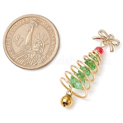 ガラスと合金のペンダント  真鍮のベルと金色の銅線付き  クリスマスツリーと蝶結び  ゲインボロ  44x15x15mm  穴：1.2mm&nbsp;PALLOY-JF02990-03